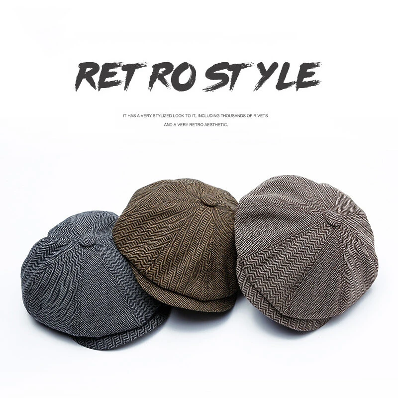 (image for) Collrown Classic Vintage Octagonal Cap Men Hat Newsboy Cap Women Casual Beret Hat Flat Peaked Caps for Autumn Winter