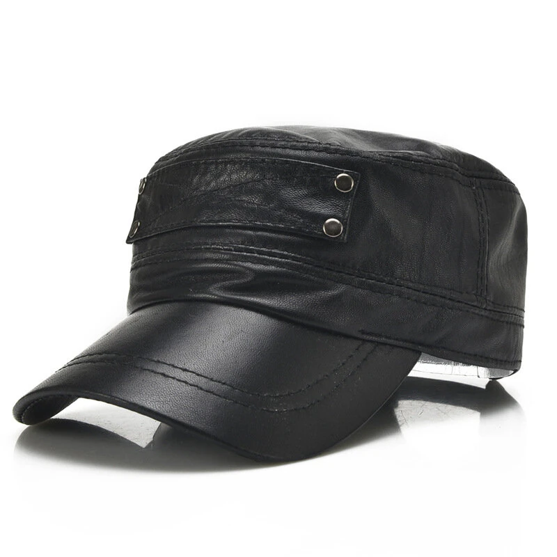 (image for) Collrown Genuine Sheepskin Leather Cap Men's Flat Cap Adjustable Outdoor Casual Black Caps for Spring Fall